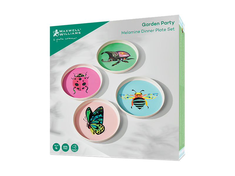 Pete Cromer Garden Party Melamine Dinner Plates Set of 4 Assorted Gift Boxed