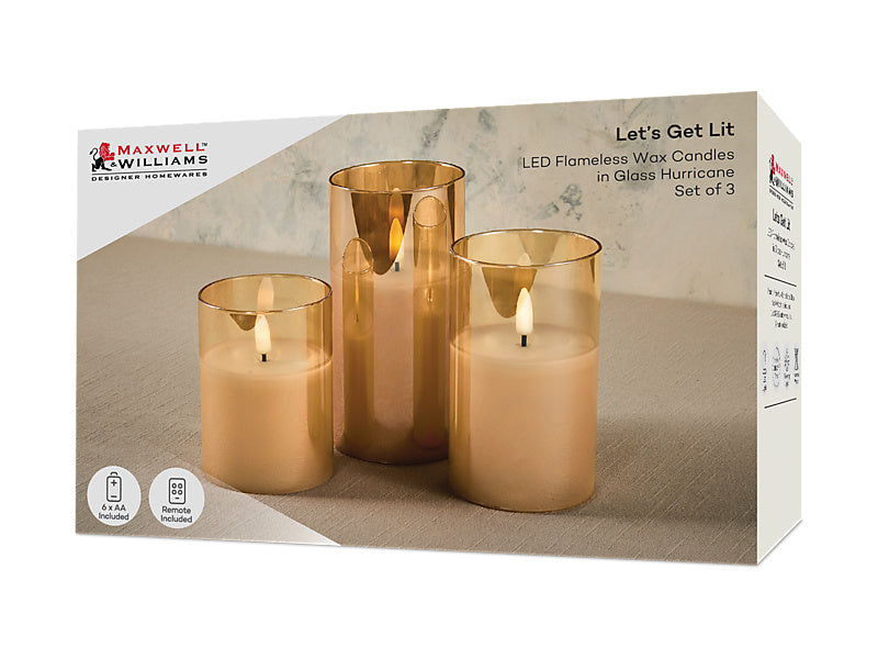 Let's Get Lit LED Flameless Candle Glass Hurricane Set of 3 Gift Boxed