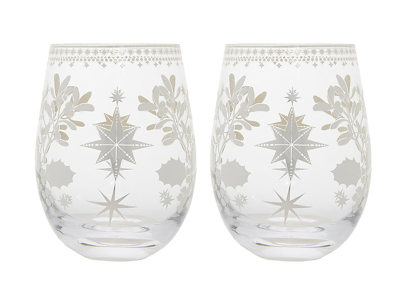 White Christmas Stemless Wine Glass Set of 2 Gift Boxed