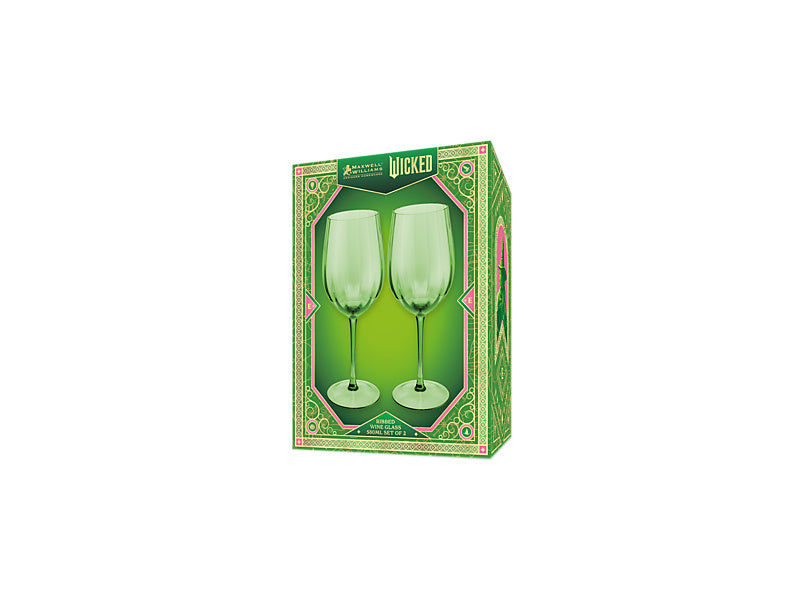 Wicked Pink Goes Good With Green Ribbed Wine Glass Elphaba Set of 2 Gift Boxed