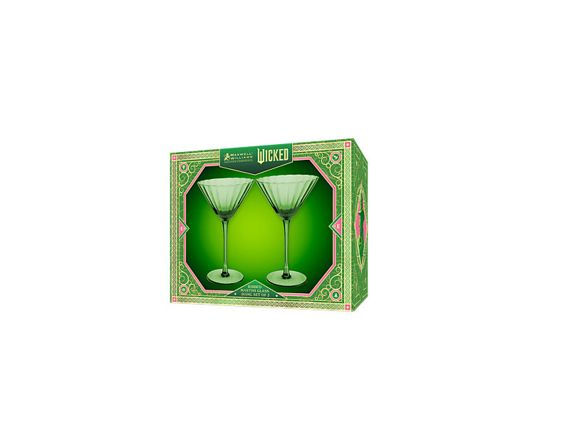 Wicked Pink Goes Good With Green Ribbed Martini Glass Elphaba Set of 2 Gift Boxed