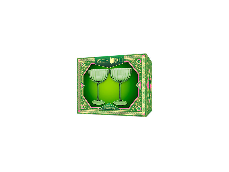 Wicked Pink Goes Good With Green Ribbed Coupe Glass Elphaba Set of 2 Gift Boxed
