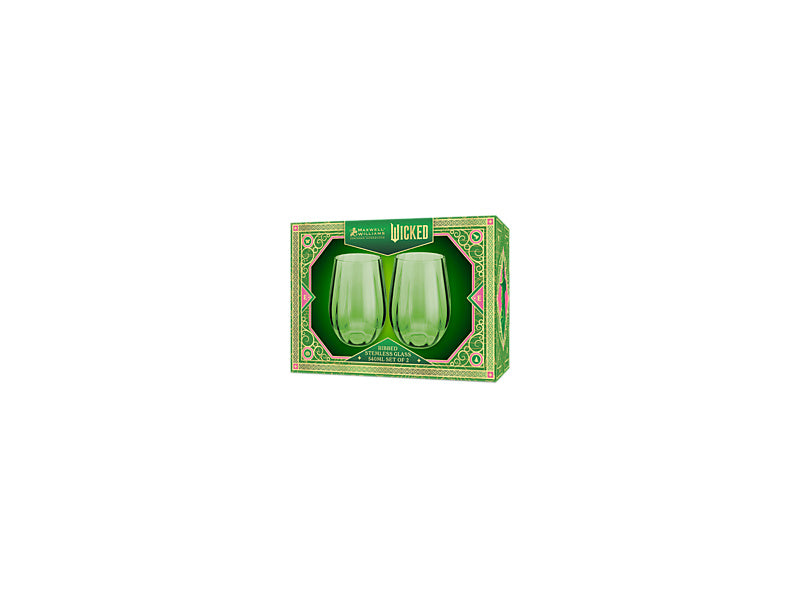 Wicked Pink Goes Good With Green Ribbed Stemless Glass Elphaba Set of 2 Gift Boxed