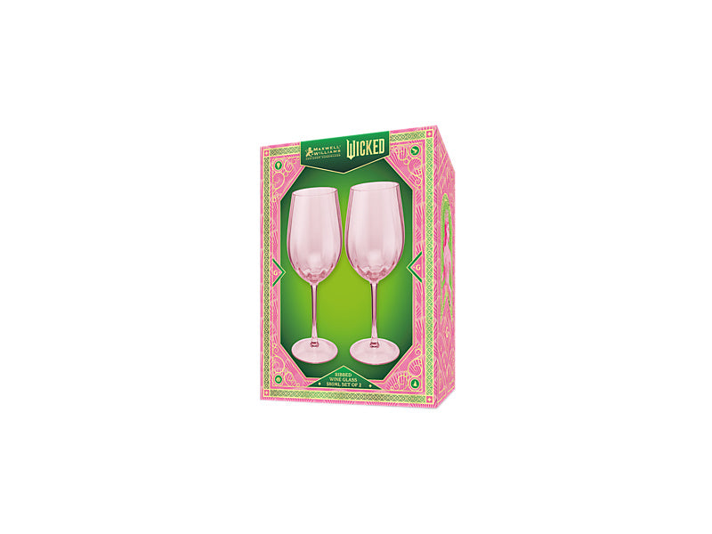 Wicked Pink Goes Good With Green Ribbed Wine Glass Glinda Set of 2 Gift Boxed