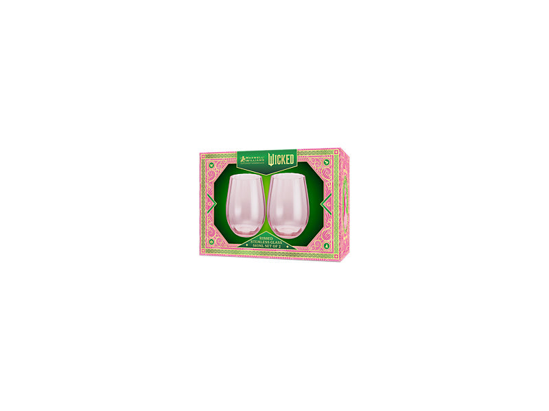Wicked Pink Goes Good With Green Ribbed Stemless Glass Glinda Set of 2 Gift Boxed