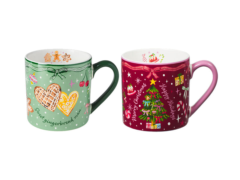 Fa la la Mug Set of 2 Assorted Green & Burgundy Gift Boxed