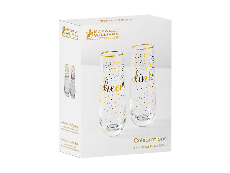 Celebrations Stemless Flute 300ML Set of 2 Cheers Clink Gift Boxed