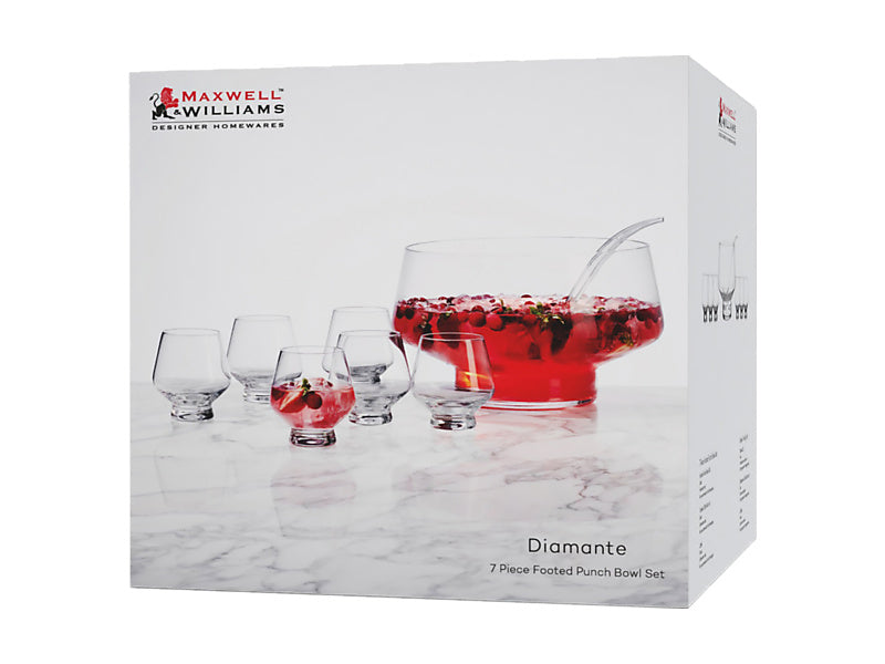 Diamante Footed Punch Bowl 7pc Set Gift Boxed