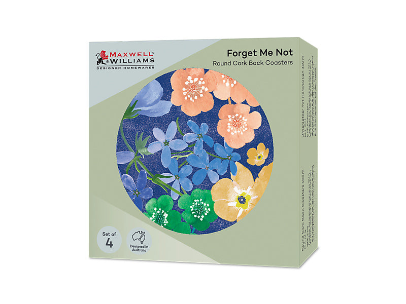 Forget Me Not Round Cork Back Coaster Set of 4 Gift Boxed