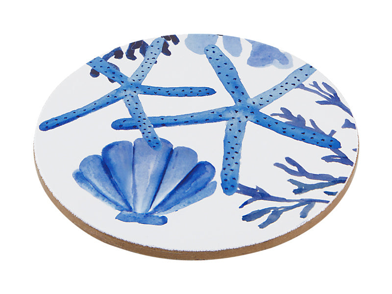 Blue Coral Round Cork Back Coaster Set of 4 Gift Boxed