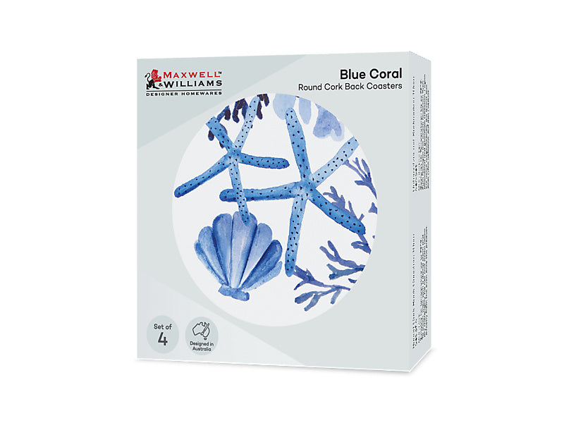 Blue Coral Round Cork Back Coaster Set of 4 Gift Boxed