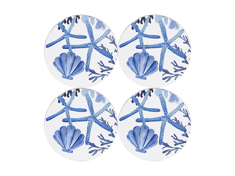 Blue Coral Round Cork Back Coaster Set of 4 Gift Boxed