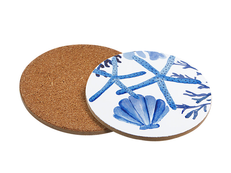 Blue Coral Round Cork Back Coaster Set of 4 Gift Boxed