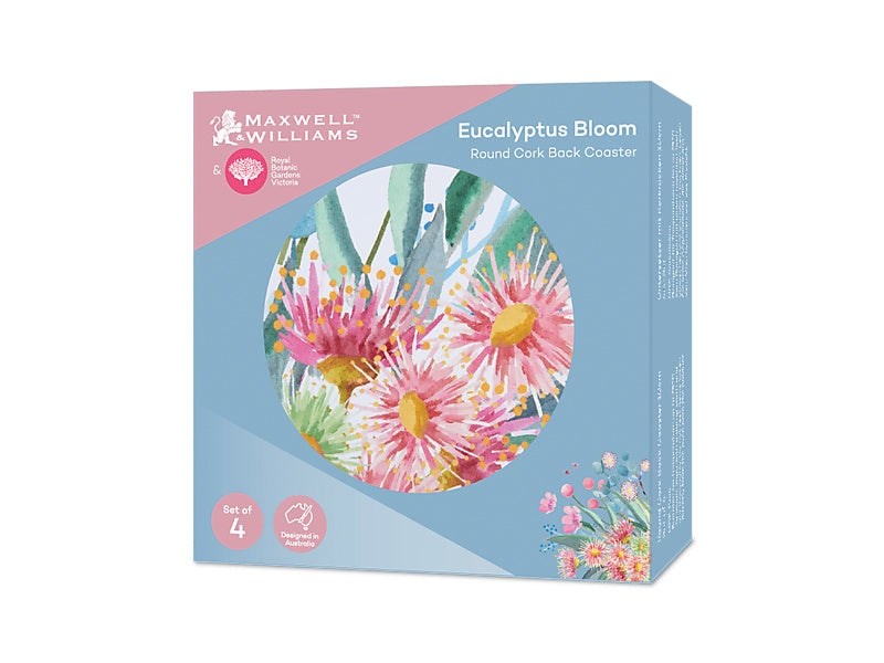 Royal Botanic Gardens Eucalyptus Bloom Round Cork Back Coaster Set of 4 Gift Boxed