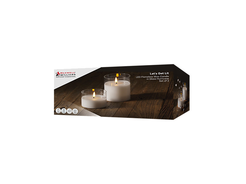 Let's Get Lit LED Flameless Candle Glass Hurricane Clear Set of 2 Gift Boxed