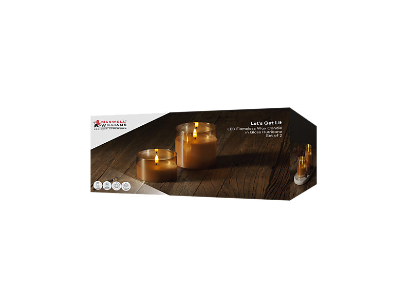 Let's Get Lit LED Flameless Candle Glass Hurricane Gold Set of 2 Gift Boxed