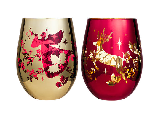 White Christmas 2026 Stemless Glass Set of 2 Assorted Metallic Gift Boxed