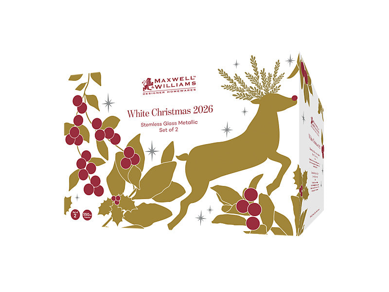 White Christmas 2026 Stemless Glass Set of 2 Assorted Metallic Gift Boxed